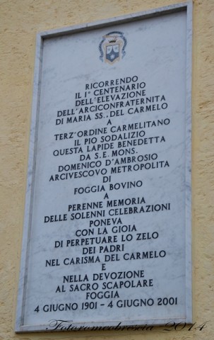 Chiesa del Carmine (antica) – epigrafe commemorativa del 1° centenario dell’elevazione dell’arciconfraternita di Maria SS. Del Carmelo a terz’Ordine Carmelitano